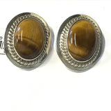 Tigers Eye Clip Earrings - Oval Cabochon With Silver Rope & Bezel Edge