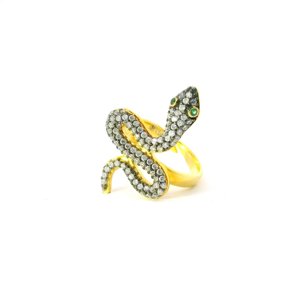 Nano Stone Ring - Quartz Snake with Green Eyes in Gold Vermeil over 925 Sterling Silver szAdj.