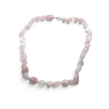 Rare Earth Gallery rose quartz tumbled gemstone necklace with a silver clasp on a white background
