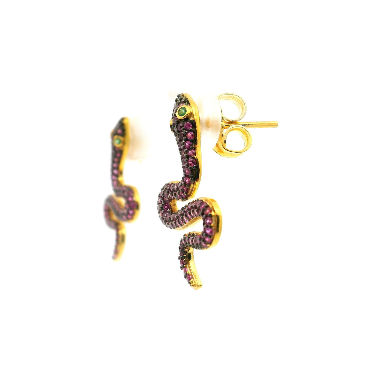 Nano Stone Stud Earrings - Pink Snake with Green Eyes in Gold Vermeil over 925 Sterling Silver