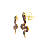 Nano Stone Stud Earrings - Pink Snake with Green Eyes in Gold Vermeil over 925 Sterling Silver