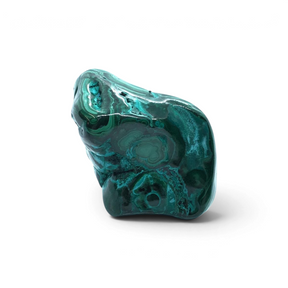 Rare Earth Gallery polished chrysocolla malachite freeform stone with vibrant green wavelike and flowering patterns.