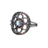 Moonstone Flower Ring Size 9 - Round Cabochon with Silver Flower Petals & Stamped Silver Circle Set on Open Silver Bezel