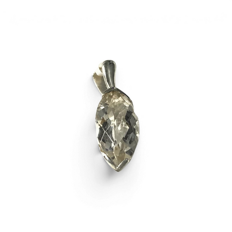 Rare Earth Gallery faceted sharp oval quartz crystal pendant with a tapered metal bezel and fancy cutout details