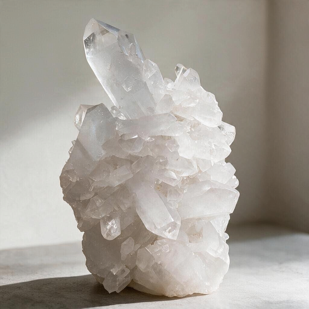 Bright White Quartz Crystal Cluster with Beam Focal Point on Fitted Stand