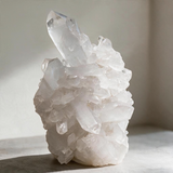 Bright White Quartz Crystal Cluster with Beam Focal Point on Fitted Stand