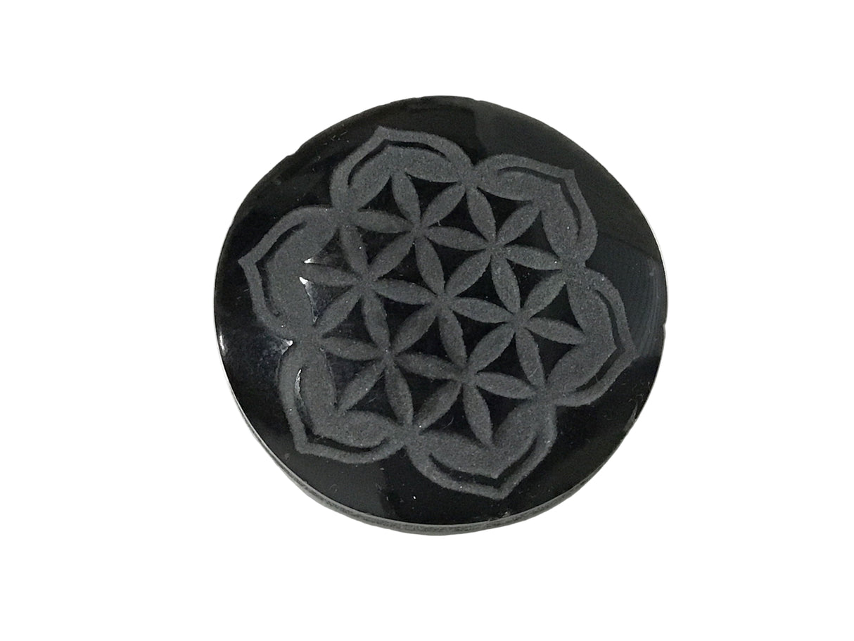 Obsidian Symbol Cabochon - Flower of Life in Flower - Sacred Geometry