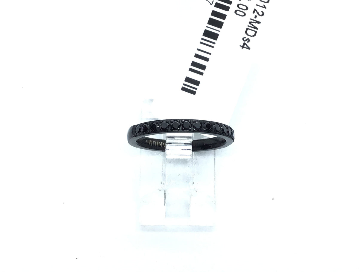 Black titanium 2mm band ring with black cubic zirconia pave across half, size 4