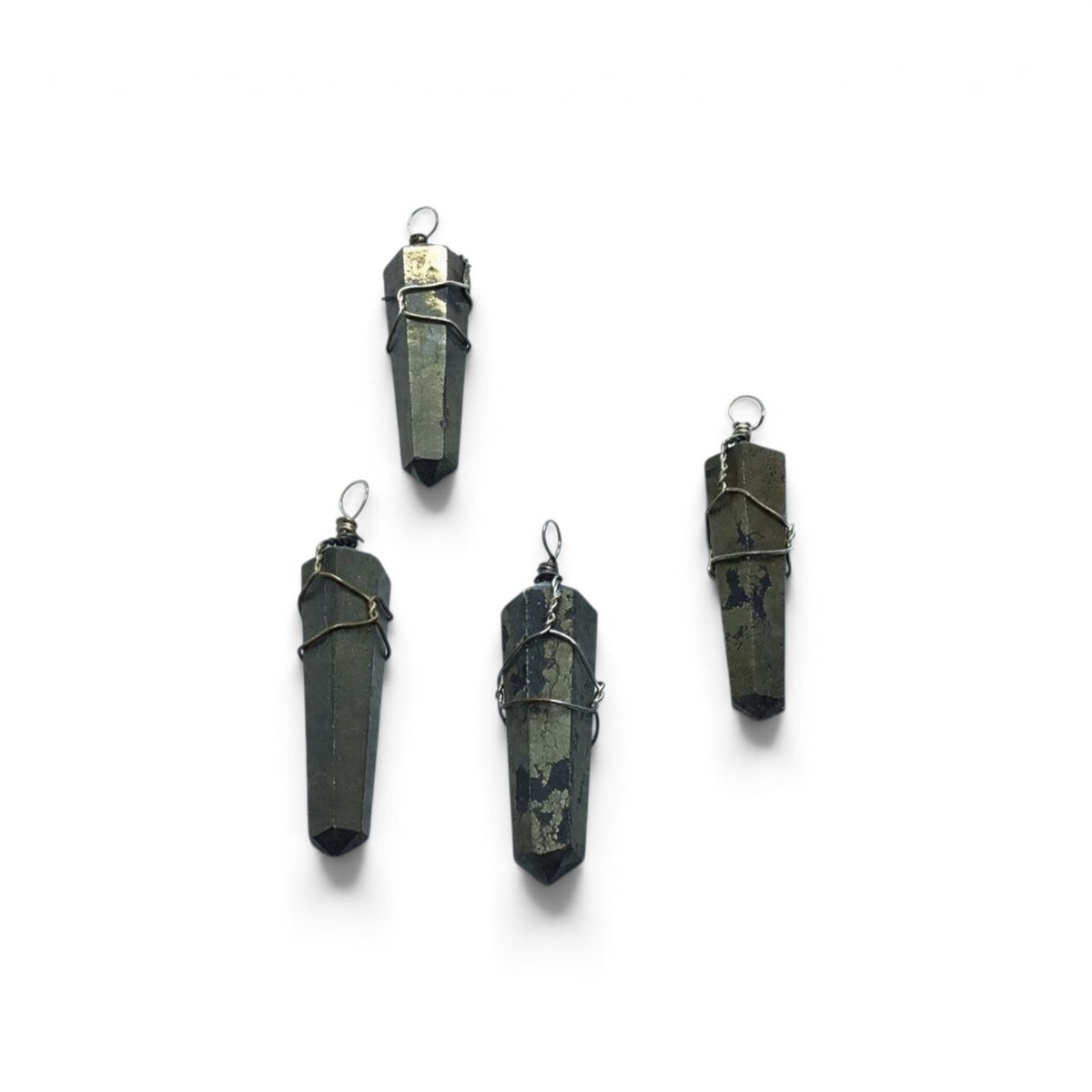 Rare Earth Gallery pyrite crystal pendants with silver wire wrapping in a hexagonal point shape