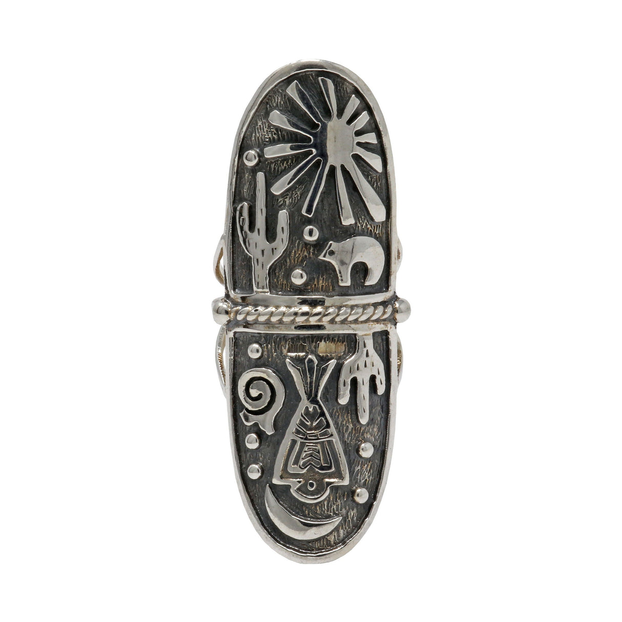 Silver Ring Size 10 - Night & Day Desert Landscape Scene with Native Tribal Eagle & Zuni Bear with Tri-band Top