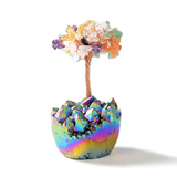 Multi-colored Natural Gemstone Copper Wire Beaded Tree of Life with Titanium Coated Quartz Base