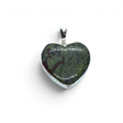 Rare Earth Gallery heart-shaped Dragon Bloodstone cabochon pendant set in a polished 925 sterling silver bezel.