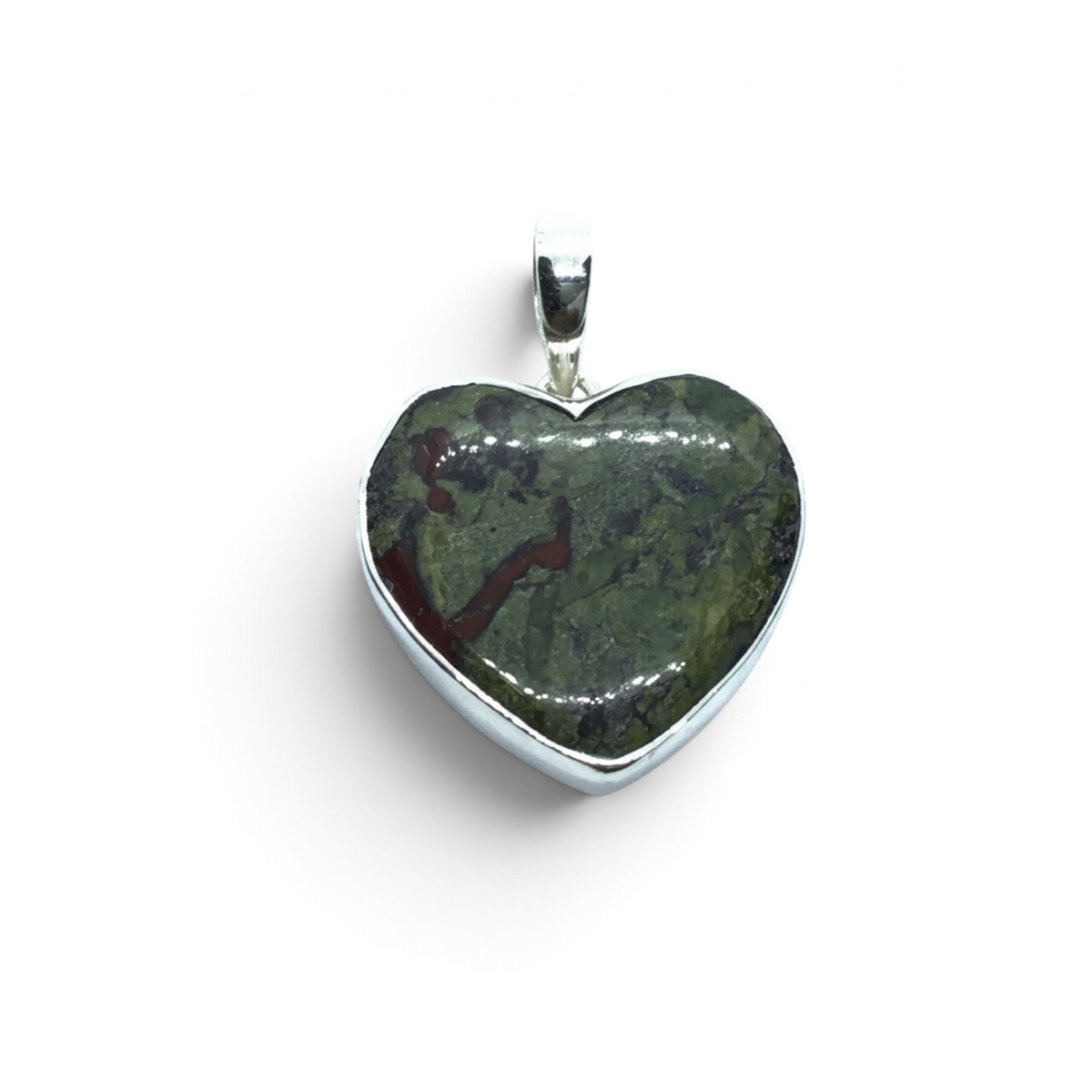 Rare Earth Gallery heart-shaped Dragon Bloodstone cabochon pendant set in a polished 925 sterling silver bezel.