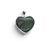 Rare Earth Gallery heart-shaped Dragon Bloodstone cabochon pendant set in a polished 925 sterling silver bezel.