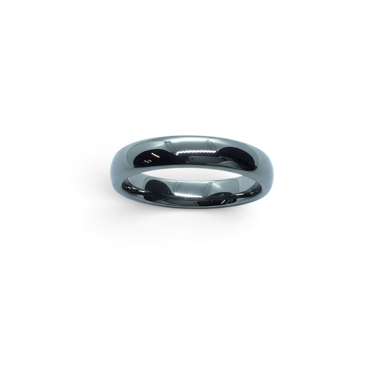 Rare Earth Gallery 4mm polished domed tungsten ring with a smooth reflective finish