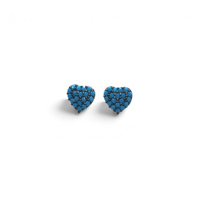 Turquoise pave heart stud earrings on a white backdrop