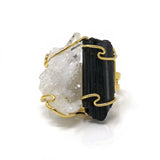 Black Tourmaline & Quartz Crystal Ring - Gold Overlay Brass