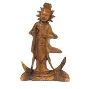 Monkey pod wood Kwan Yin sculpture standing in shuni mudra pose, front view, light wood grain