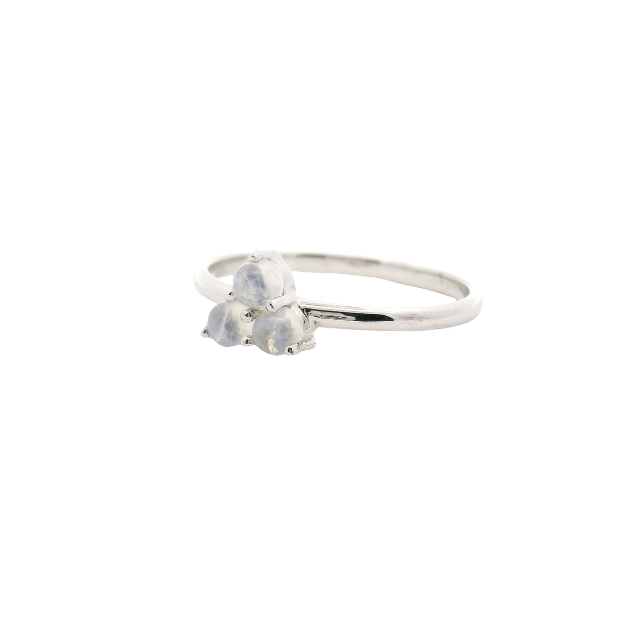 Rainbow Moonstone Ring - Triple Round Cabochons Prong Set in Simple Sterling Silver sz8