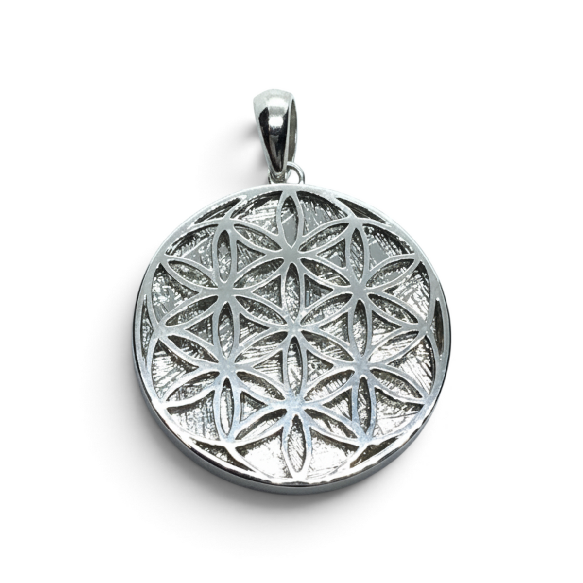 Rare Earth Gallery circular Muonionalusta meteorite pendant in 925 sterling silver with Flower of Life engraving.