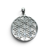 Rare Earth Gallery circular Muonionalusta meteorite pendant in 925 sterling silver with Flower of Life engraving.