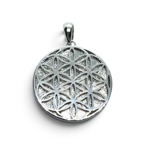 Rare Earth Gallery circular Muonionalusta meteorite pendant in 925 sterling silver with Flower of Life engraving.
