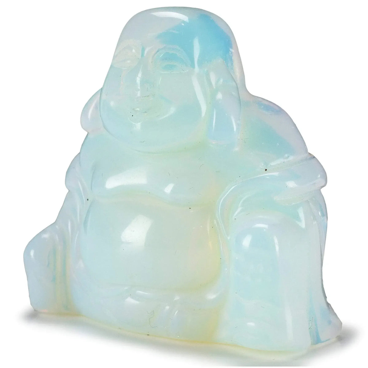 Translucent Opalite Buddha carved seated and smiling, front view with milky blue and pale yellow glow