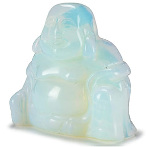 Translucent Opalite Buddha carved seated and smiling, front view with milky blue and pale yellow glow