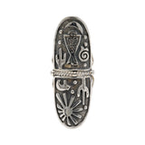Silver Ring Size 10 - Night & Day Desert Landscape Scene with Native Tribal Eagle & Zuni Bear with Tri-band Top