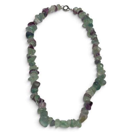 Rare Earth Gallery rainbow fluorite chunky chip choker necklace featuring polished green and purple gemstone beads