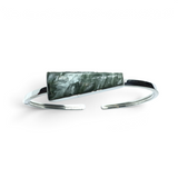 Rare Earth Gallery Seraphinite twist bracelet featuring an east-west set tapered rectangle cabochon in a silver bezel.