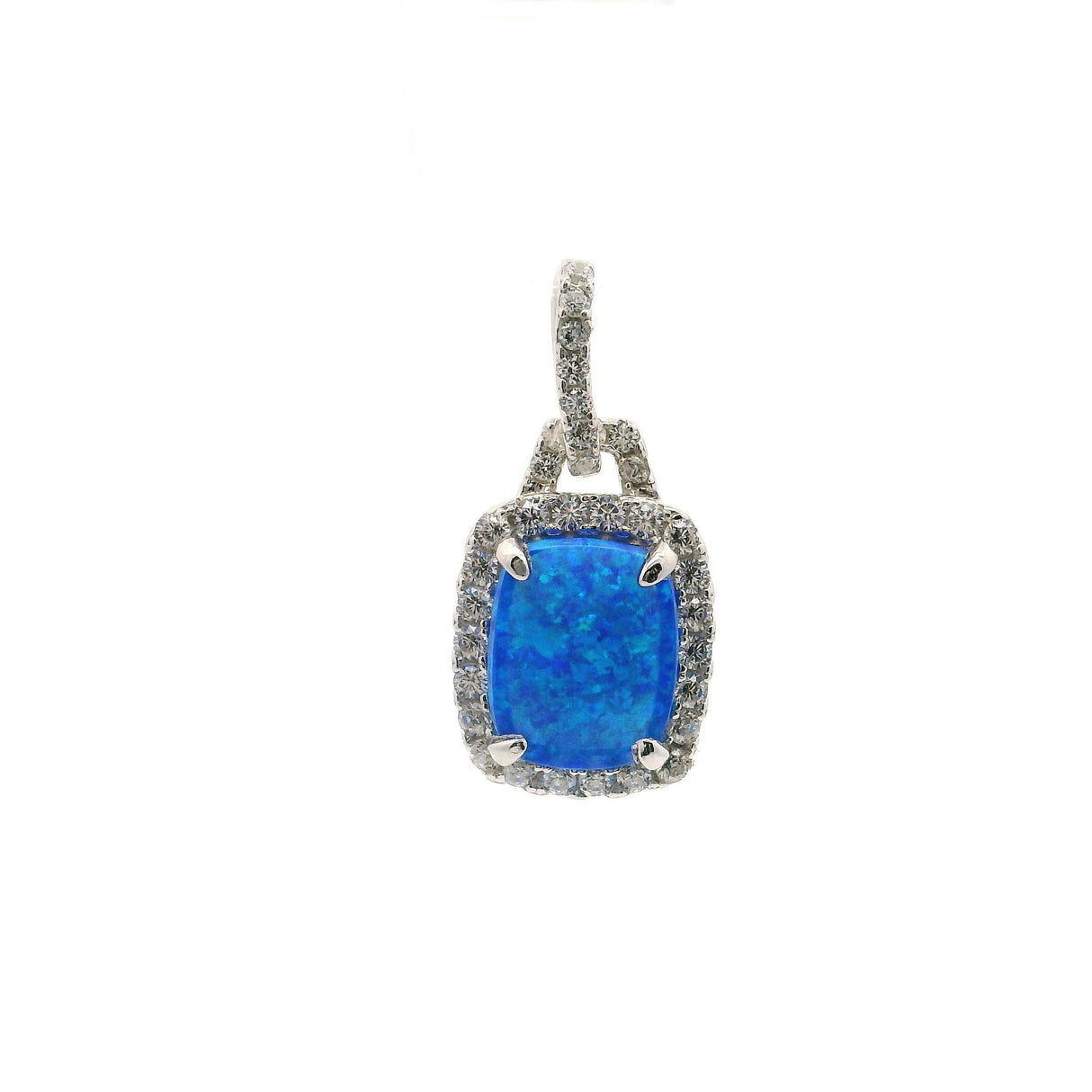 Blue Opal Pendant - Rectangle Cabochon with White CZs in Bail & Surrounding Prong Setting in 925 Sterling Silver