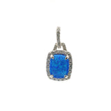 Blue Opal Pendant - Rectangle Cabochon with White CZs in Bail & Surrounding Prong Setting in 925 Sterling Silver