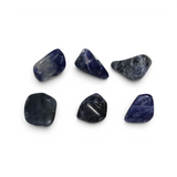 Six mini A+ tumbled sodalite stones in deep navy blue streaked with white calcite veining