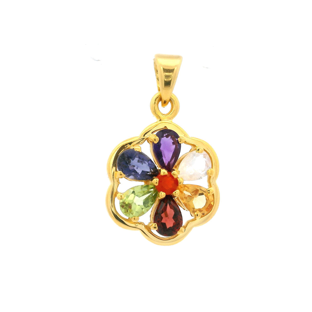 7 Chakra Flower Pendant with Faceted Stones Prong Set with Gold Overlay in 925 Sterling Silver