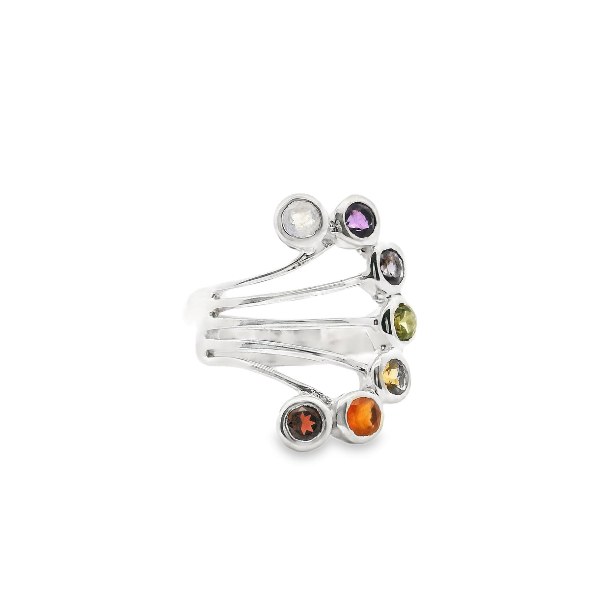 7 Chakra Fan Ring with Faceted Stones Bezel Set in 925 Sterling Silver sz7