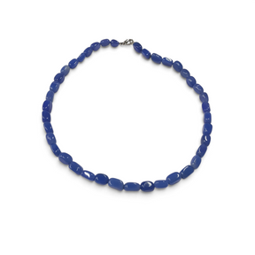 Rare Earth Gallery necklace featuring polished, rectangle-shaped dyed blue agate tumbled stones on a silver clasp.