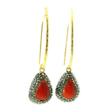 Mediterranean Coral Dangle Earrings - Pear Cabochon with Marcasite & Gold Swarovski Crystals on Long Vertical Drop with Gold Vermeil over 925 Sterling Silver