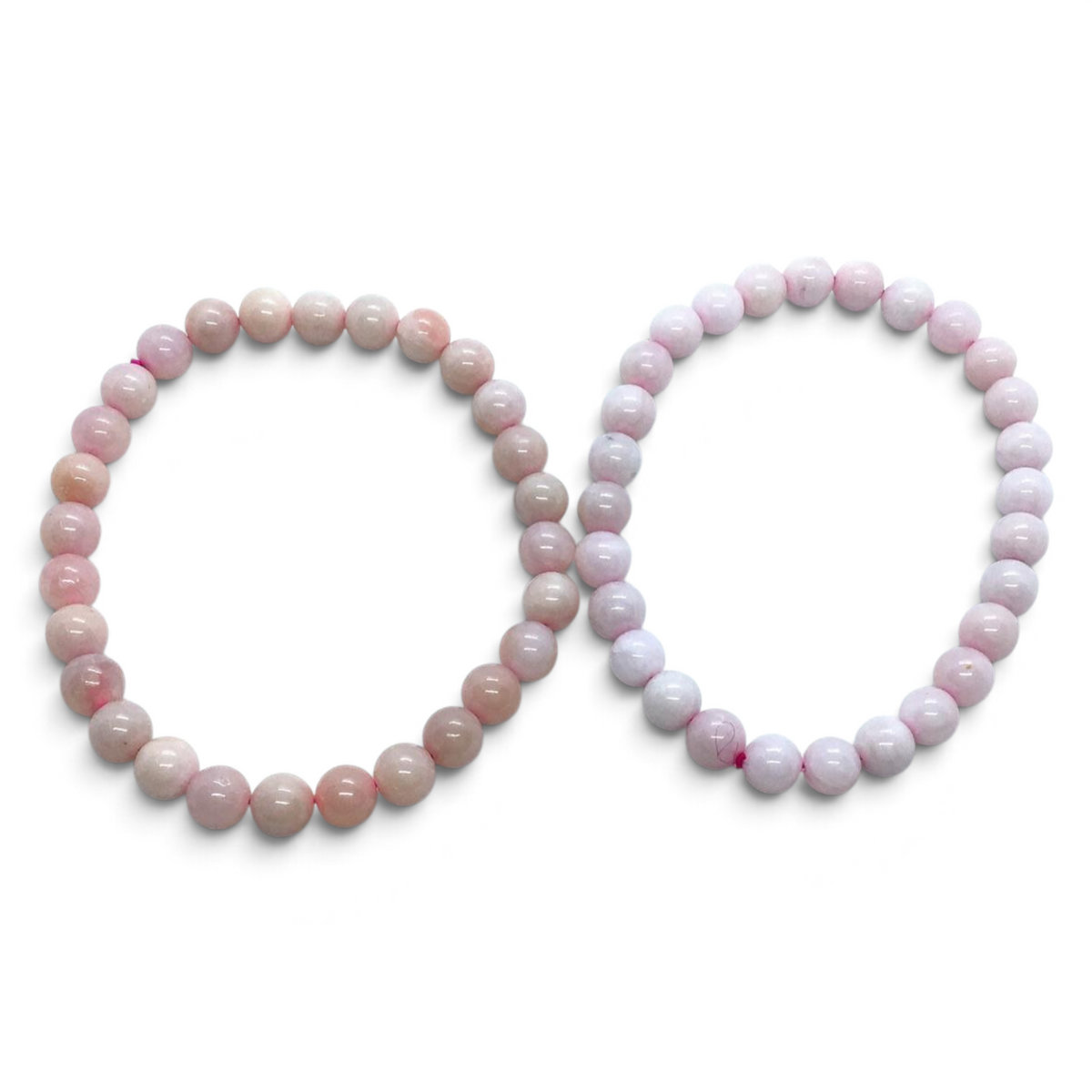 Rare Earth Gallery pink common opal beaded bracelets featuring 6mm smooth round gemstone beads on elastic cord