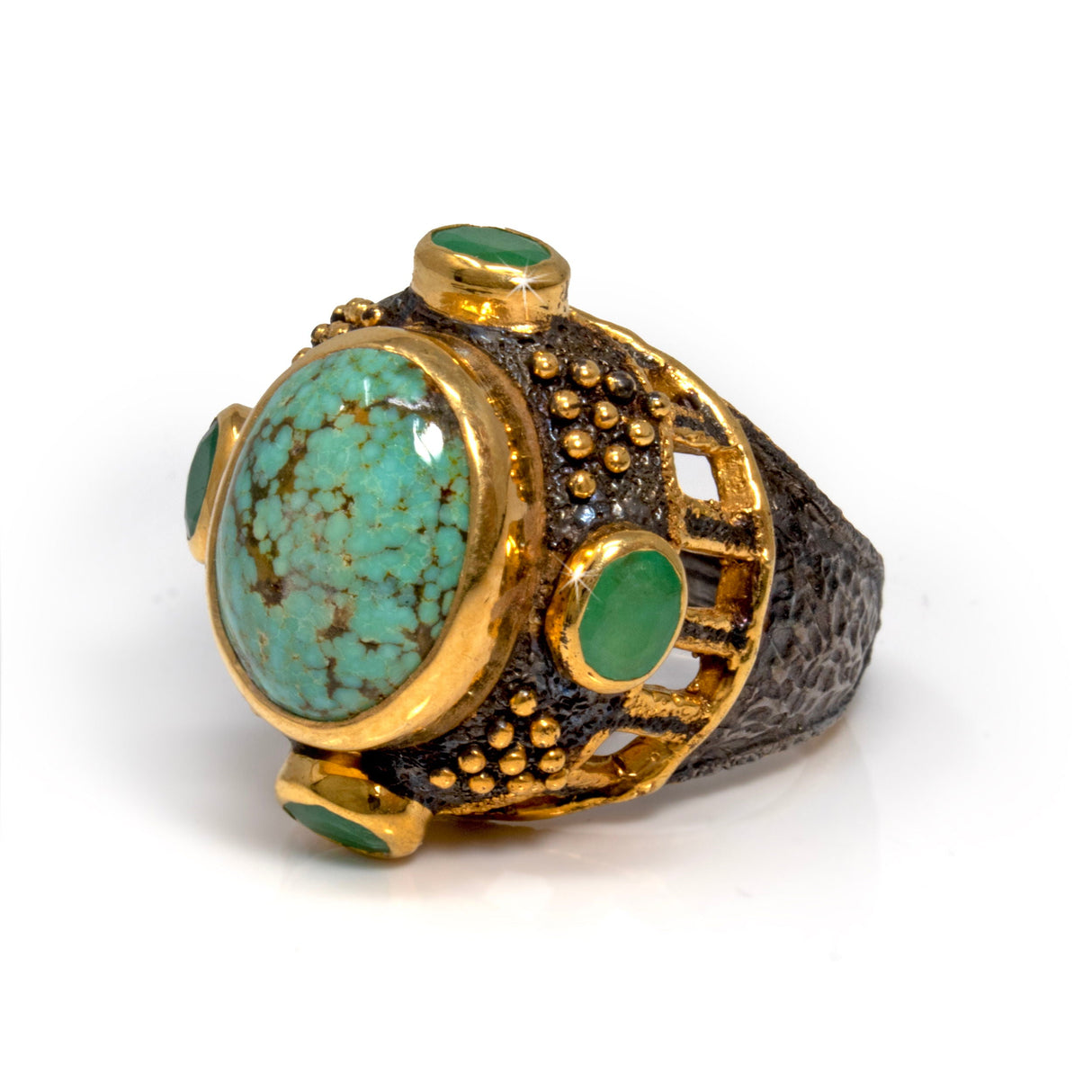 Persian Turquoise Ring Size 8.5 - Cambered Oval with 4 Faceted Emerald Ovals