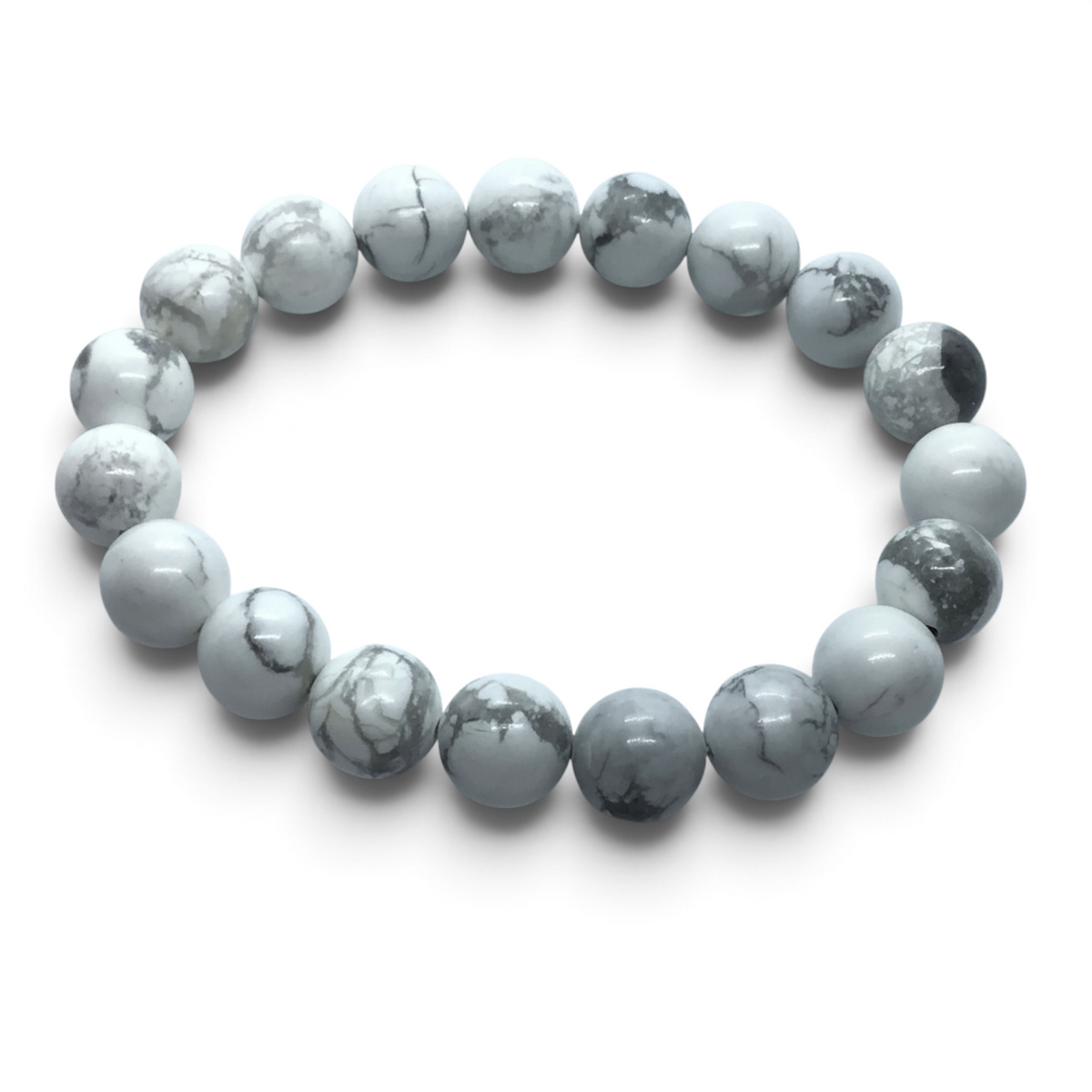 Rare Earth Gallery 10mm howlite beaded bracelet with natural white and grey marble-like veining on a white background.