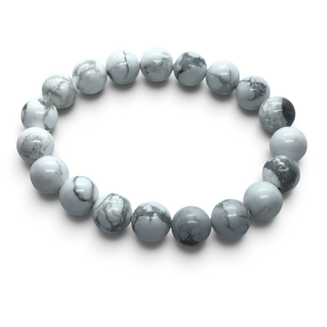 Rare Earth Gallery 10mm howlite beaded bracelet with natural white and grey marble-like veining on a white background.