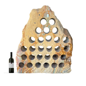 Green Talan Onyx wine rack featuring 28 circular holes, with a wine bottle placed beside it for scale.