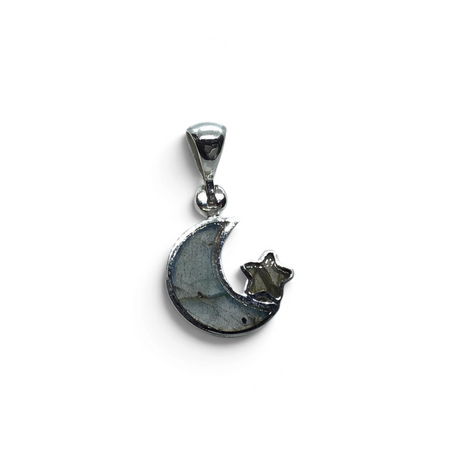 Rare Earth Gallery dainty crescent moon and star pendant featuring a grey labradorite stone in a silver bezel setting