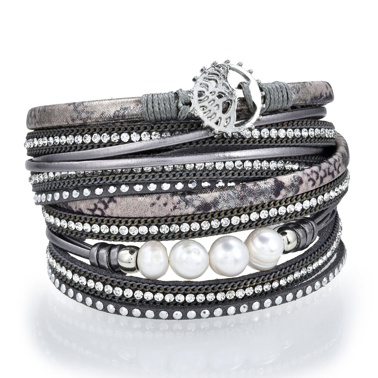 Charcoal & Pink Tree Of Life Multi Wrap Bracelet Double with Magnetic Clasp - Sacred Geometry