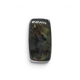 Rare Earth Gallery labradorite ring featuring a narrow rectangular cabochon with orange and yellow flash in silver