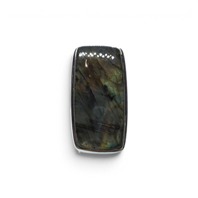 Rare Earth Gallery labradorite ring featuring a narrow rectangular cabochon with orange and yellow flash in silver
