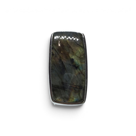 Rare Earth Gallery labradorite ring featuring a narrow rectangular cabochon with orange and yellow flash in silver