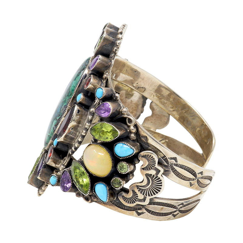 Leo Feeney Chatoyant Malachite & Chrysocolla Cuff Bracelet with Garnet, Ethiopian Opal, Peridot, Sleeping Beauty Turquoise & Amethyst