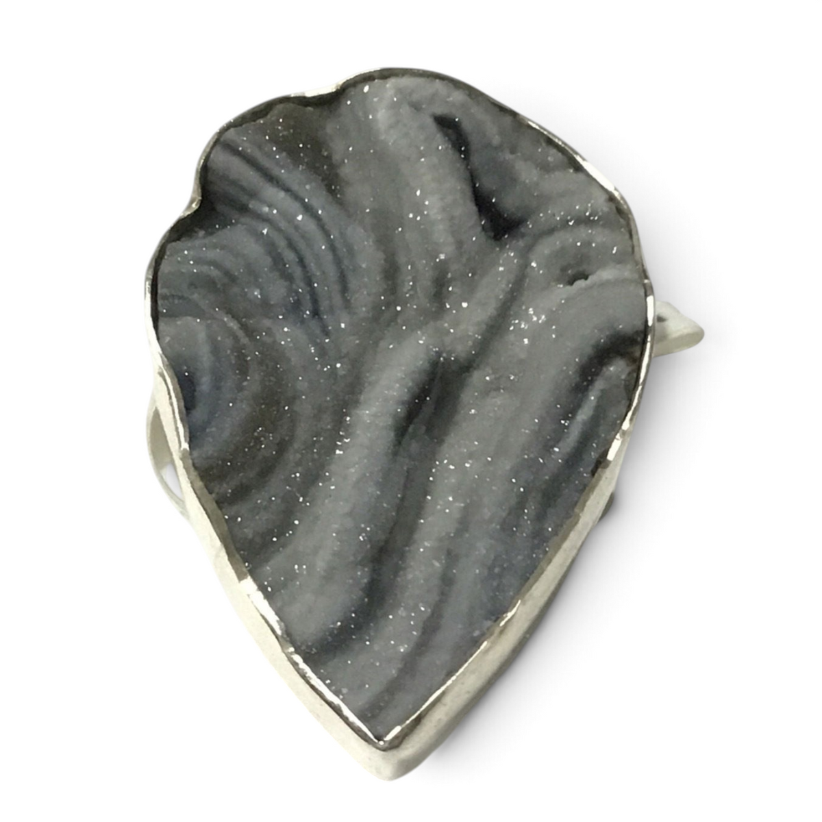 Natural desert druze heart ring, gray-white banded druzy in silver bezel